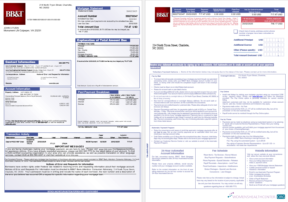 Download USA BB&T Corp. bank mortgage statement in Word and PDF formats, 3 pages 1 2 Photoshop template